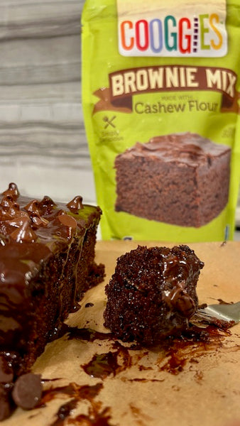 Dairy free Chocolate cake with chocolate frosting made with Cashew Brownie Bake mix!
