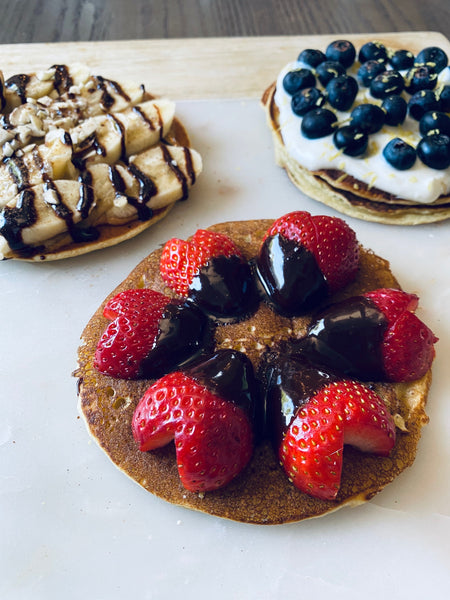 Cashew flour Pancake and Waffle mix Trio with Fruit Topping
